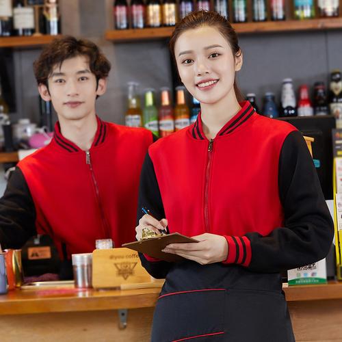 餐饮服务员工作服长袖秋冬装烧烤外卖网咖火锅店制服卫衣外套加绒